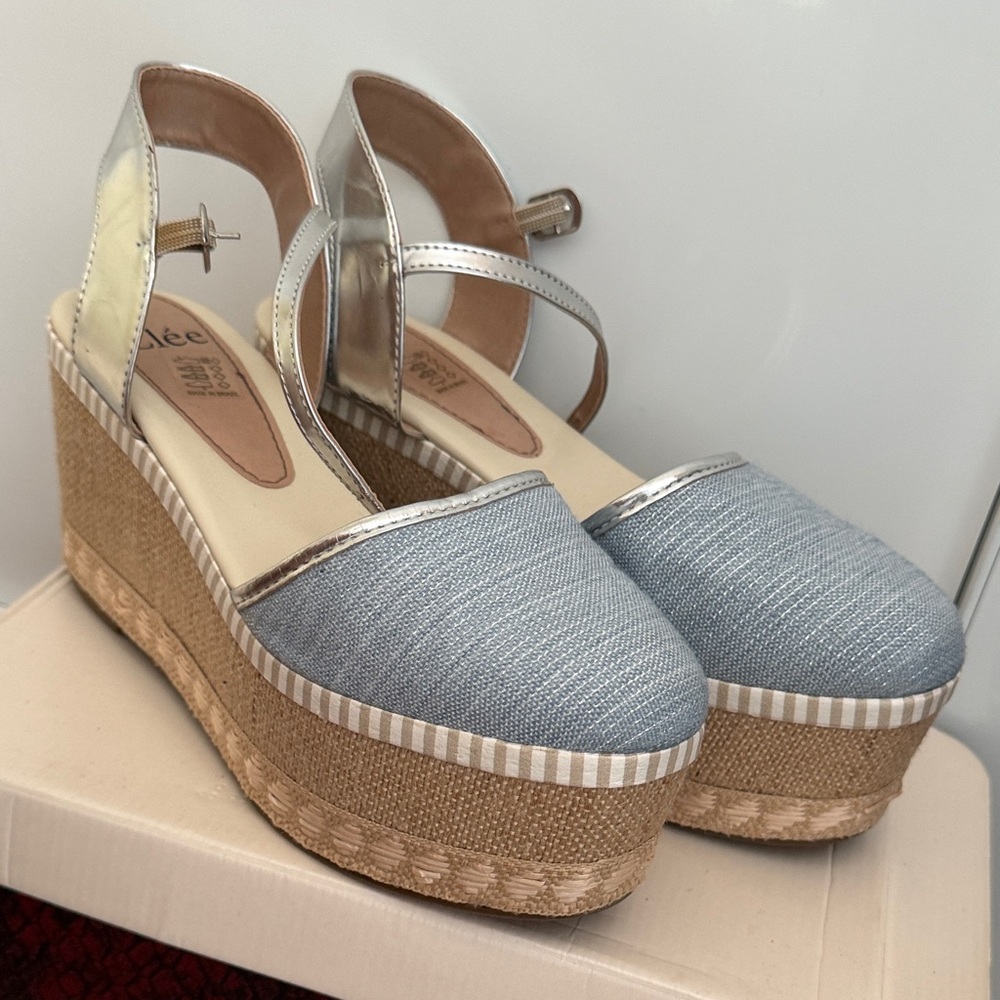 Chic Silver and Blue Wedge Sandals